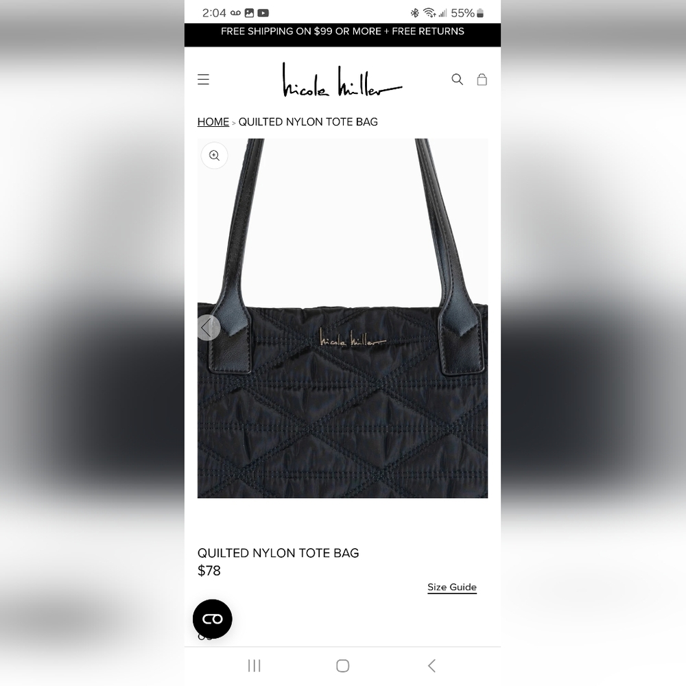 NICOLE MILLER QUILTED NYLON TOTE BAG WITH REMOVABLE STRAP.